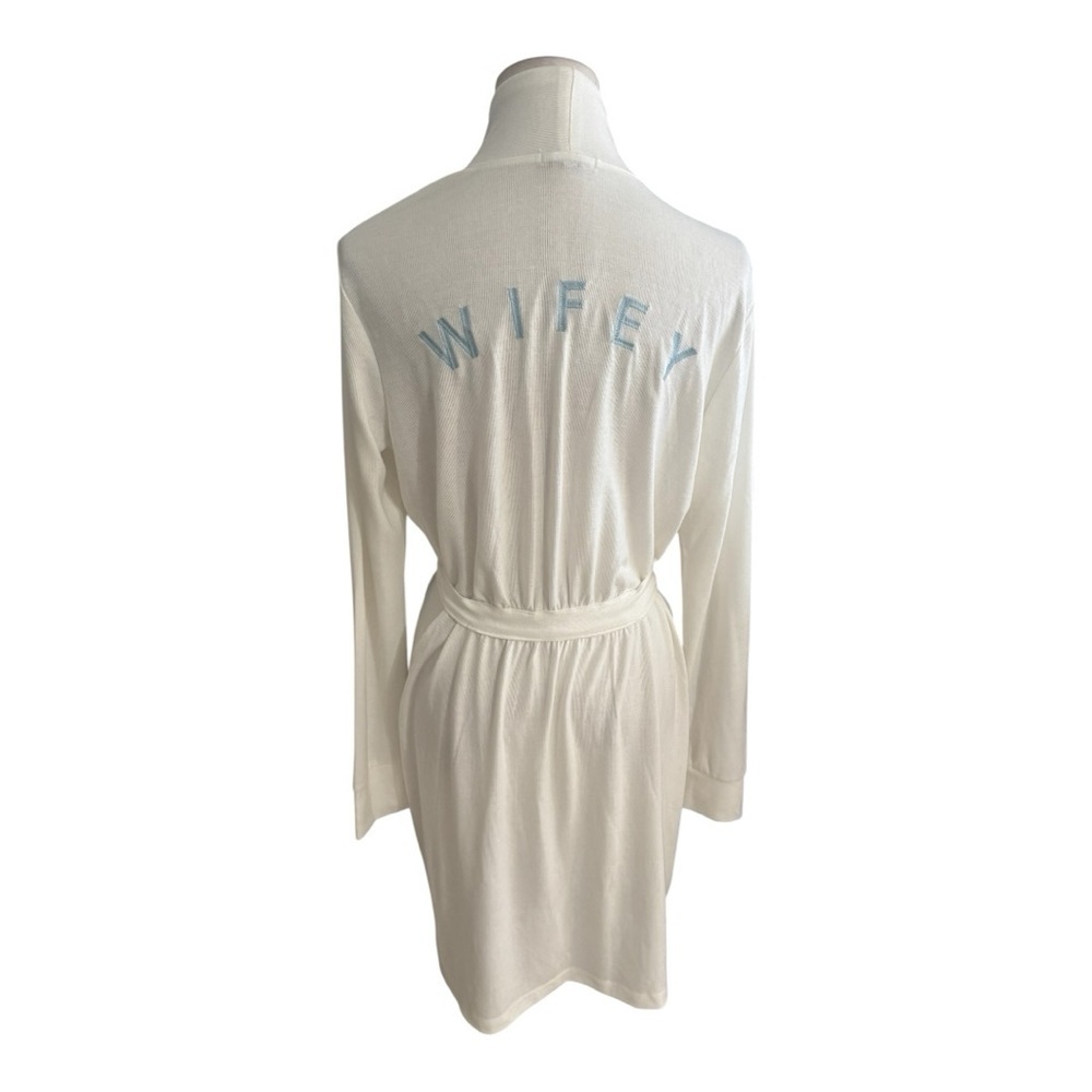 PJ SALVAGE Wifey Ivory White Blue Robe Embroidered Sz M Wedding Bride Honeymoon